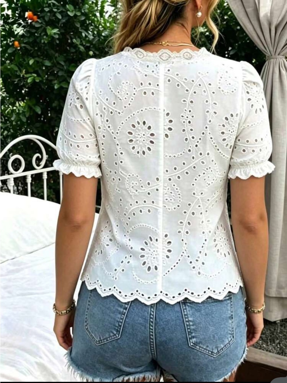 Boho Classic White Eyelet Lace V-Neck Peplum Top Blouse Shirt - Picture 5 of 5